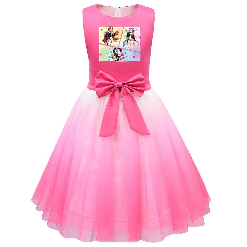 Kids Girls Princess POP Super Star Rumi Print Bow Sleeveless Mesh Tutu Dress