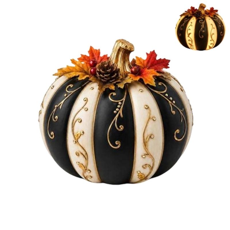 Battery-Operated Lighted Pumpkin Decors with Warm Glowing, Resin Body, Pinecones and Fall Leaf Accent for Halloween and Thanksgiving Displays
