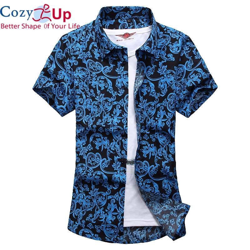 Cozy Up Men Floral Printed Slim Short Sleeve Shirts Summer Hawaiian Vacation Party Casual Red Blue Black Shirt Camisa Masculina