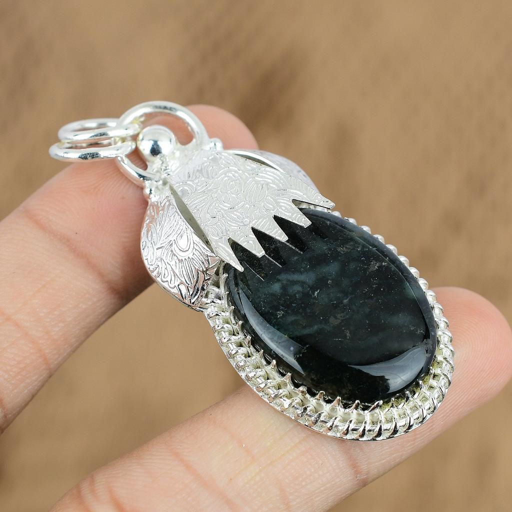 Natürlicher Solar Moos Achat Edelstein Anhänger Grün 925 Sterling Silber Schmuck