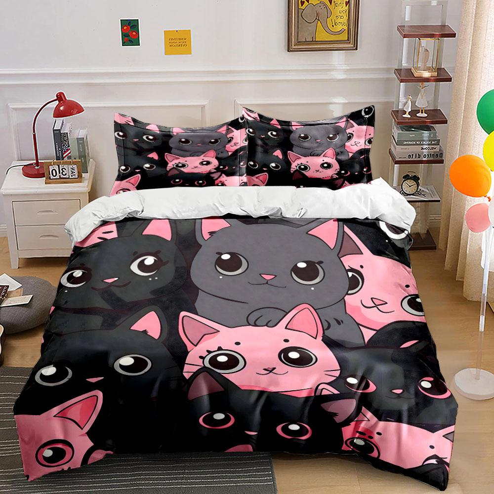 Cute Pink and Black Cat Bedding Bedding Duvet Cover Set Duvet Cover Pillowcases (1 * Duvet Cover 2 * Pillowcases, Without Duvet Insert)