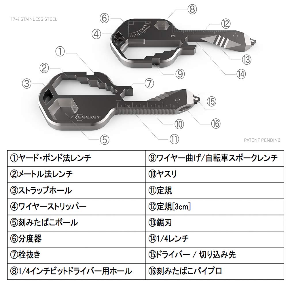 Geekey Distributor Pioneer of with Keychain Multi-Tool [Authorized Product] Key-Shaped Multi-Tools 16+ Functions, All-Purpose Tool,