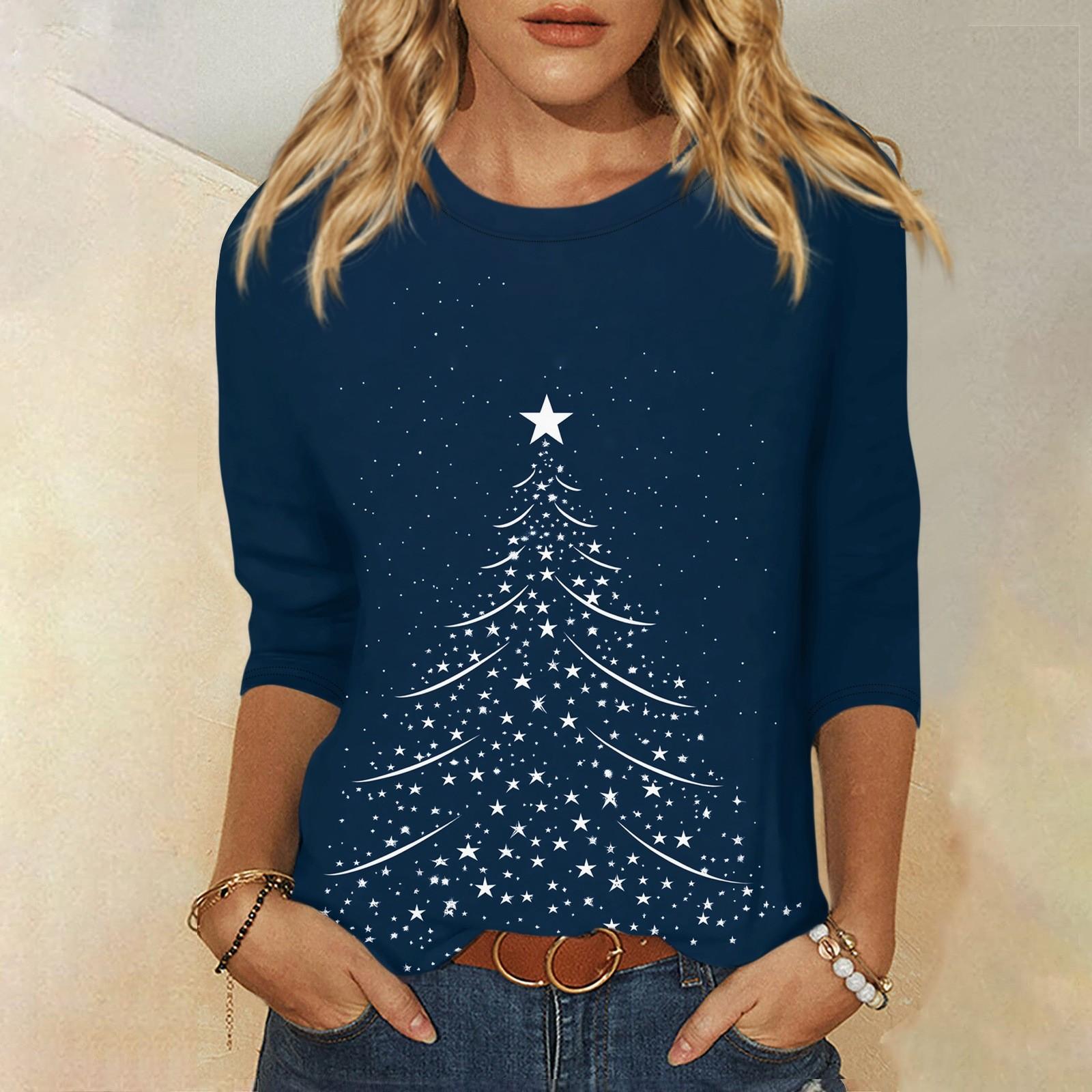 

Рубашки с рукавом 3/4 для женщин Милые рождественские принты Графические футболки Блузки Повседневные Большие размеры Базовые топы Пуловеры S тёмно-синий