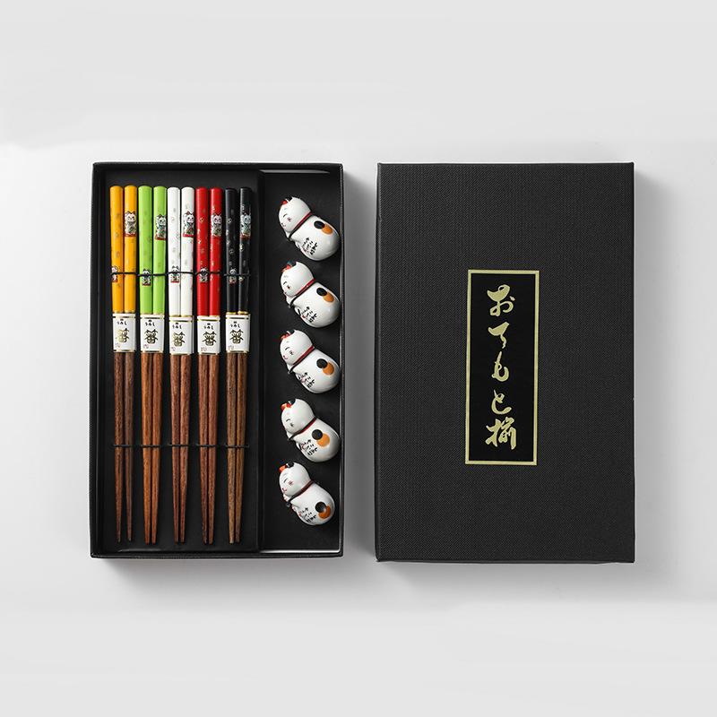 

Japanese Chopsticks Gift Set of 5 High-End Tableware Cherry Blossom Holder Household Utensils for Dining Ceramic Chopsticks