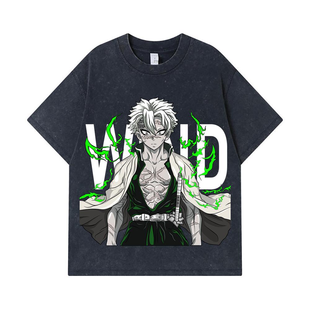 275 GSM Gewassen T-shirts 100% Katoen Demon Slayer V115 Sanemi Print Unisex Zwaar Katoenen T-shirt