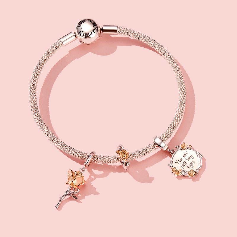 WOSTU Real 925 Sterling Silver Rose Flower Charms Fit Original Bracelet DIY Necklace Pendant Valentine's Day Jewelry Lover Gift