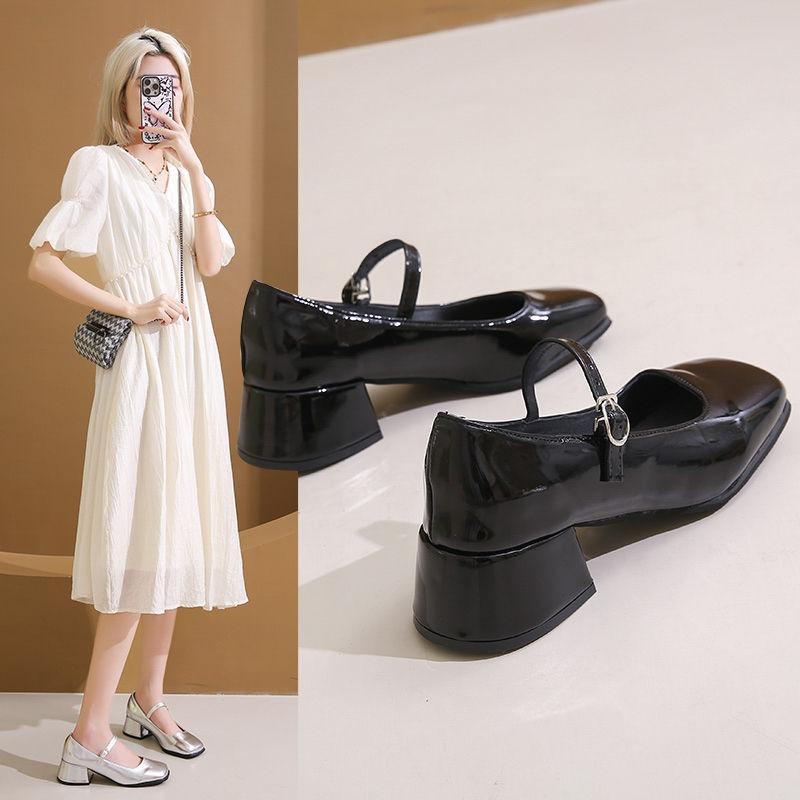 New summer thick heel high heels silver Mary Jane women's shoes with skirt temperament single shoes small leather shoes