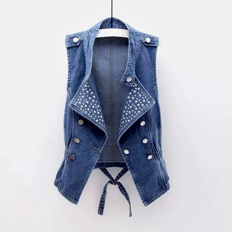 

Women s Spring/Summer Short-Length Korean-Style Denim Vest with Shoulder Epaulettes, Rivets, Double-Breasted Buttons, Sleeveless, Slimming Top 4XL синій