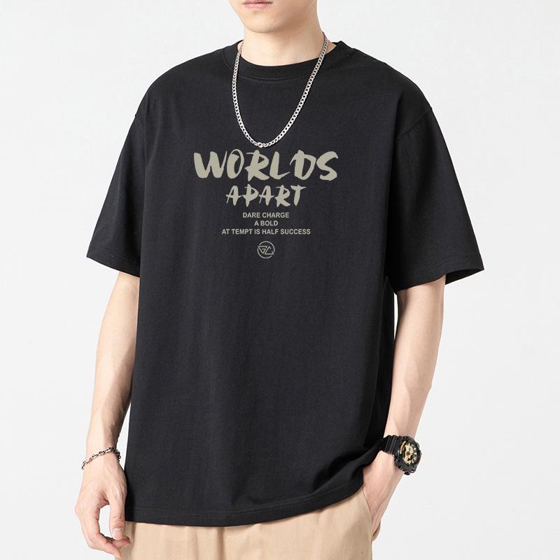 Herren Oversized Khaki T-Shirt - "WORLDS APART" Letter Print Lässiges Streetwear Top