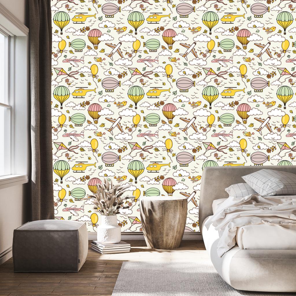 Wallpaper Colorful airplanes with balloons for living room and bedroom 50x1000