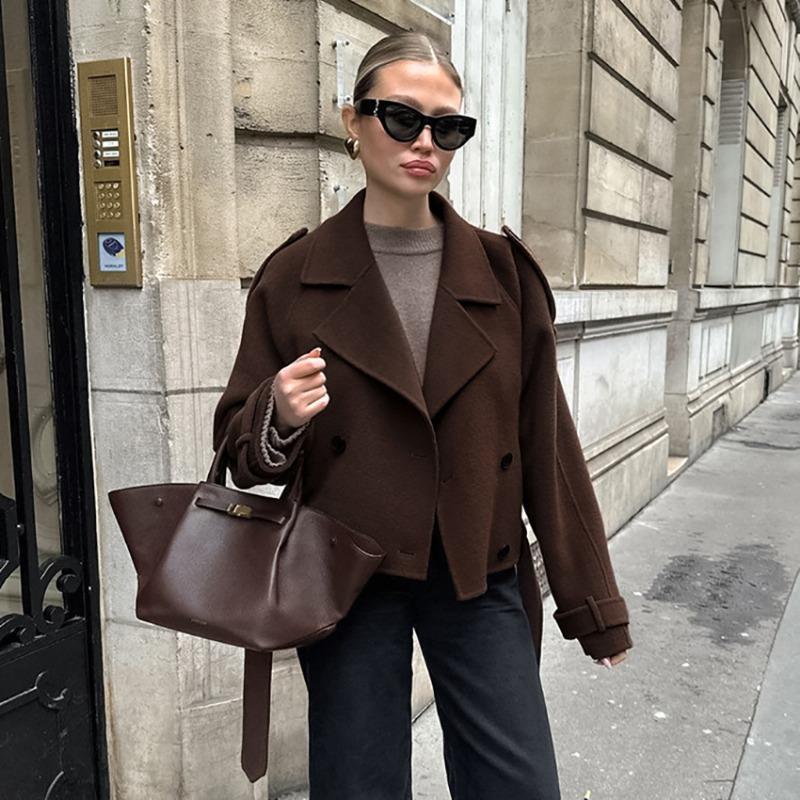 Women French Style Thick Loose Brown Double Breasted Woolen Commute Coat