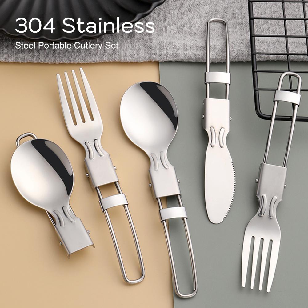 Foldable Stainless Steel Cutlery Set Portable Fork Knife Spoon Tableware Set For Outdoor Camping Travel Picnic Utensils
