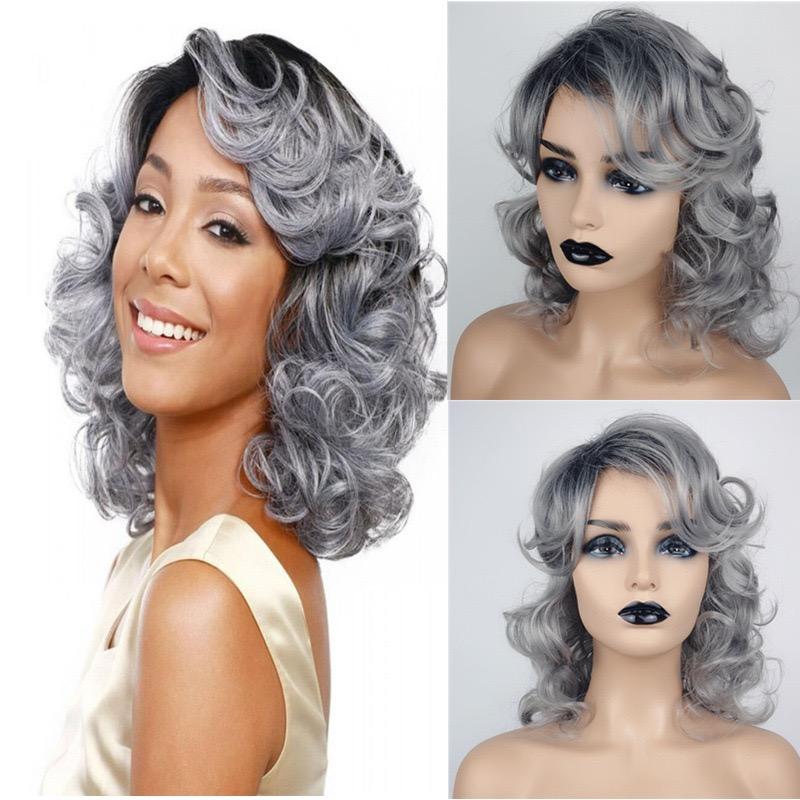 

Silver Ombre Curly Synthetic Wig, Medium Long Wavy Wig with Bangs for Women Daily Wear