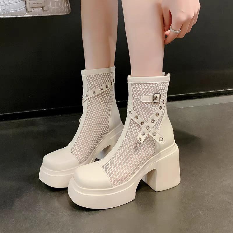 Fashion Lace Kawaii Summer Breathable Platform Boots Lace-up Thick Sole Women Back Zipper Height Increasing Boots Women's Breathe Boots