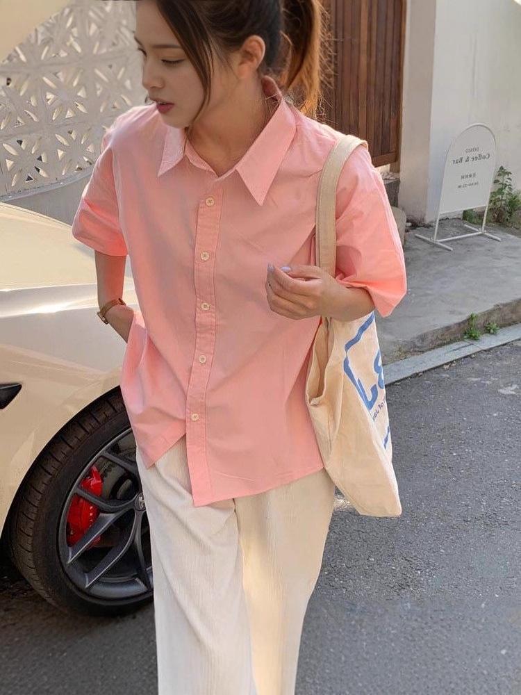 Women's Chic Pure Cotton Loose Fit White Short-Sleeve Shirt - Korean Style Summer Casual Top