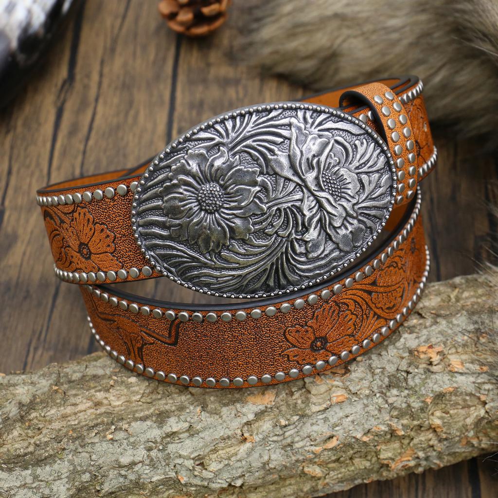 Western Denim Belt Carved Large Board Buckle Vintage Edge Bead Men'S Punk Hip Hop Leather Belt