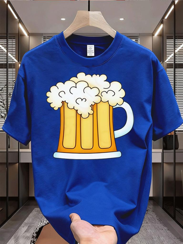 Unisex Black Crew Neck Tee Cartoon Beer Mug Foam Print Loose Oversized Streetwear Casual Short Sleeve Unisexs Summer Daily Basic Wear