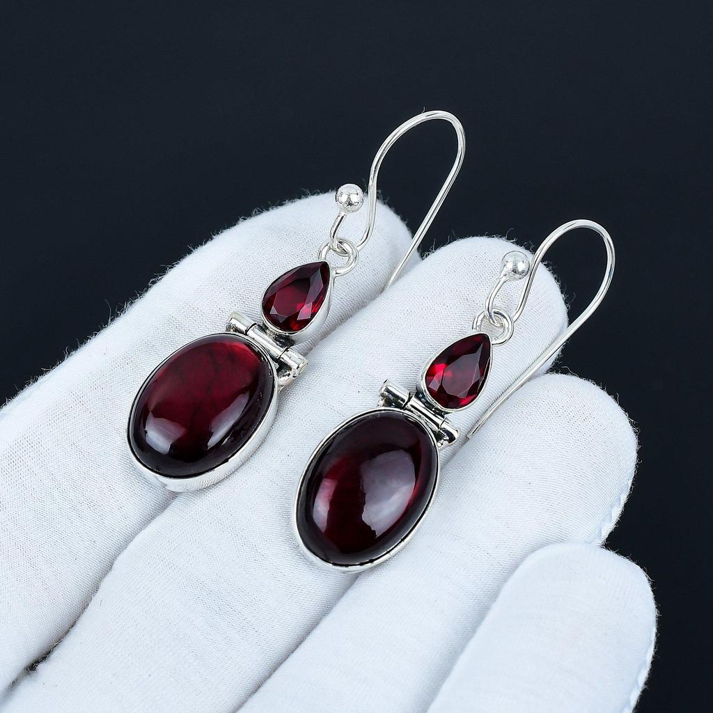 Náušnice z kameňa Labradorit Red Flash a Červený Granát, Náušnice zo striebra rýdzosti 925, Boho šperky, Visacie náušnice ako svadobné darčeky