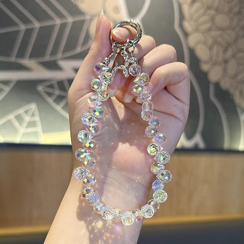 Chaveiro Portátil de Luxo Y2K com Glitter e Cristais Corrente de Contas Pulseira Lanyard Curto com Clipe Peça para Capa de Celular Ornamento da Moda