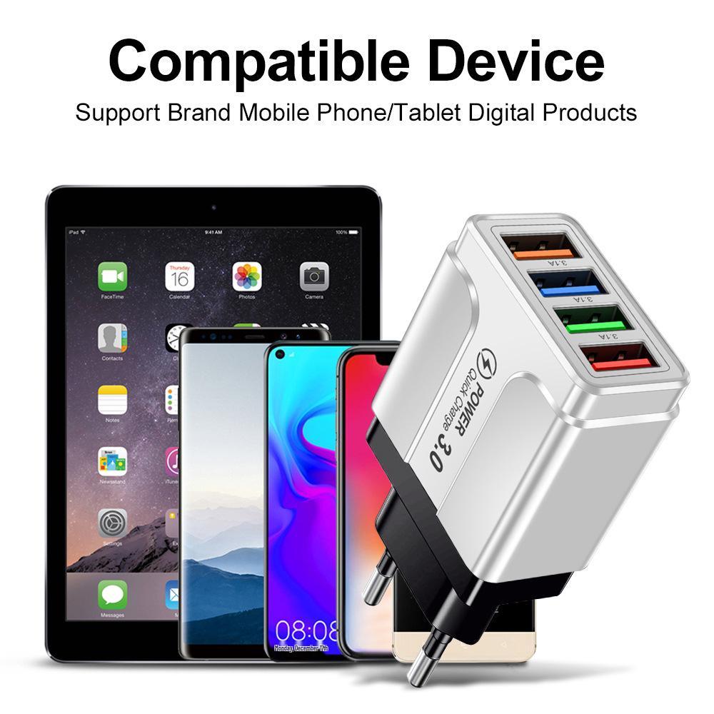 Colorful 4-Port 3A USB Charger for Mobile Phones & Tablets, Compatible with EU, US, UK, and AU Standards