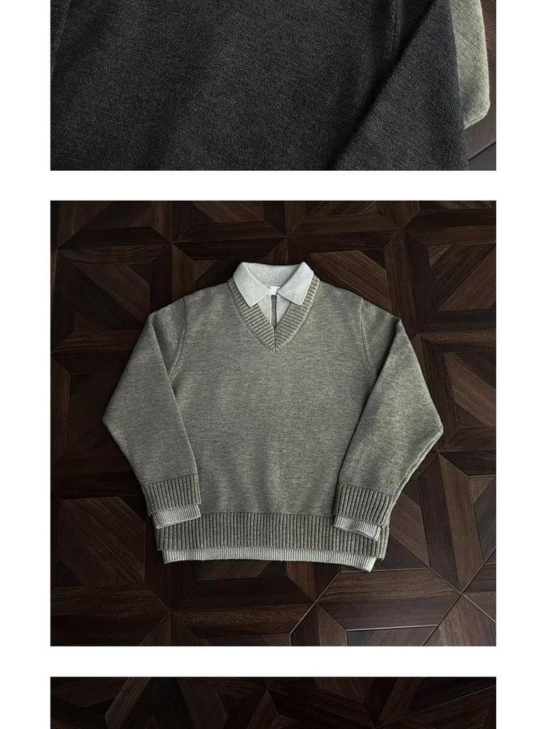Herren V-Ausschnitt Retro-Stil Strickoberteil - Fake Zweiteiler, Winter Kragen, Lockerer Schnitt