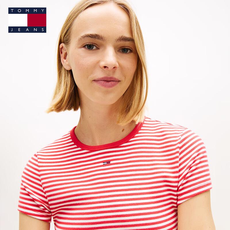 TOMMY JEANS Women's Striped Ribbed Slim-Fit Short Sleeve T-Shirt