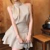 French Chic Sleeveless Halter Top & High-Waisted Ruffle Midi Skirt Set