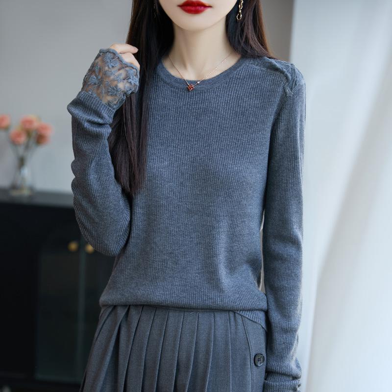 Spring and Autumn New Round-neck Knitted Sweater, Long-sleeved Women's Lace Crocheted Sweater Base Layer Top
