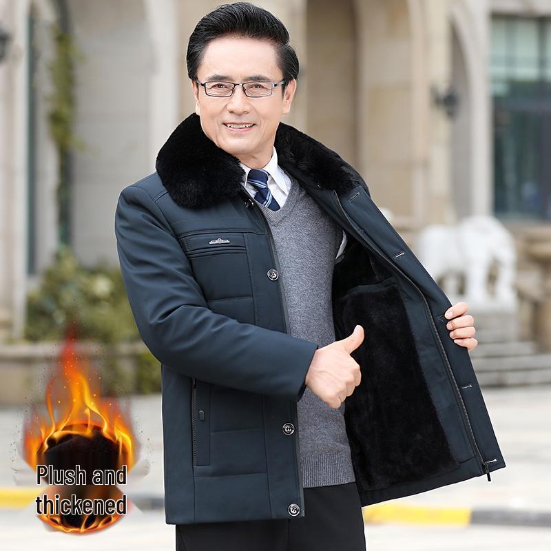 

Warm Mid-Length Cotton Jacket for Middle-Aged and Elderly Men – Plush-Lined Winter Coat Size 180 for 115-135 lbs