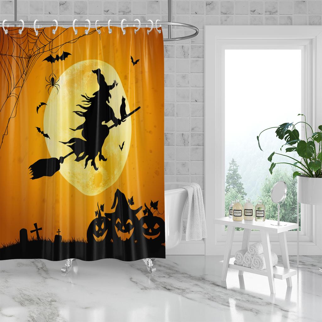 1 Peça de Cortina de Chuveiro Estampada de Bruxa 180X180cm Montada em Vassoura Tema Halloween Divisória de Banheiro Impermeável e à Prova de Mofo