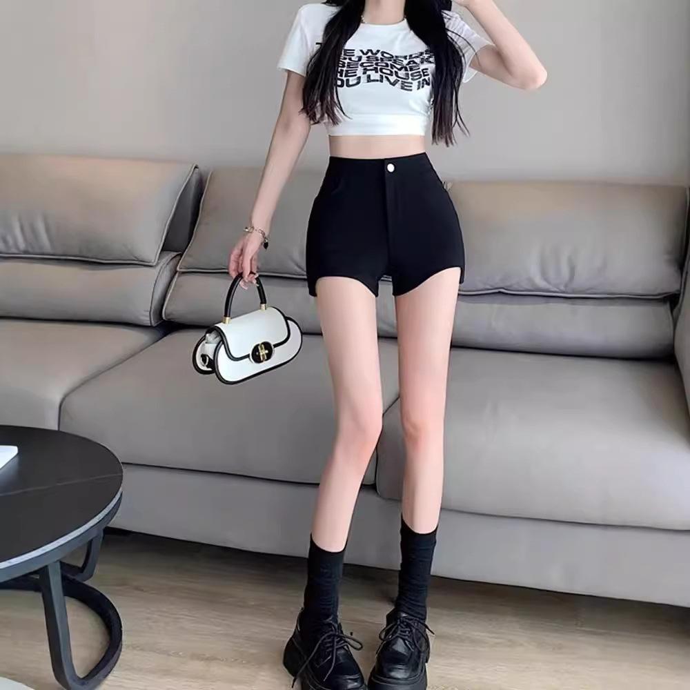 Women's Black High Waist Wide Leg Slim Fit Autumn Shorts