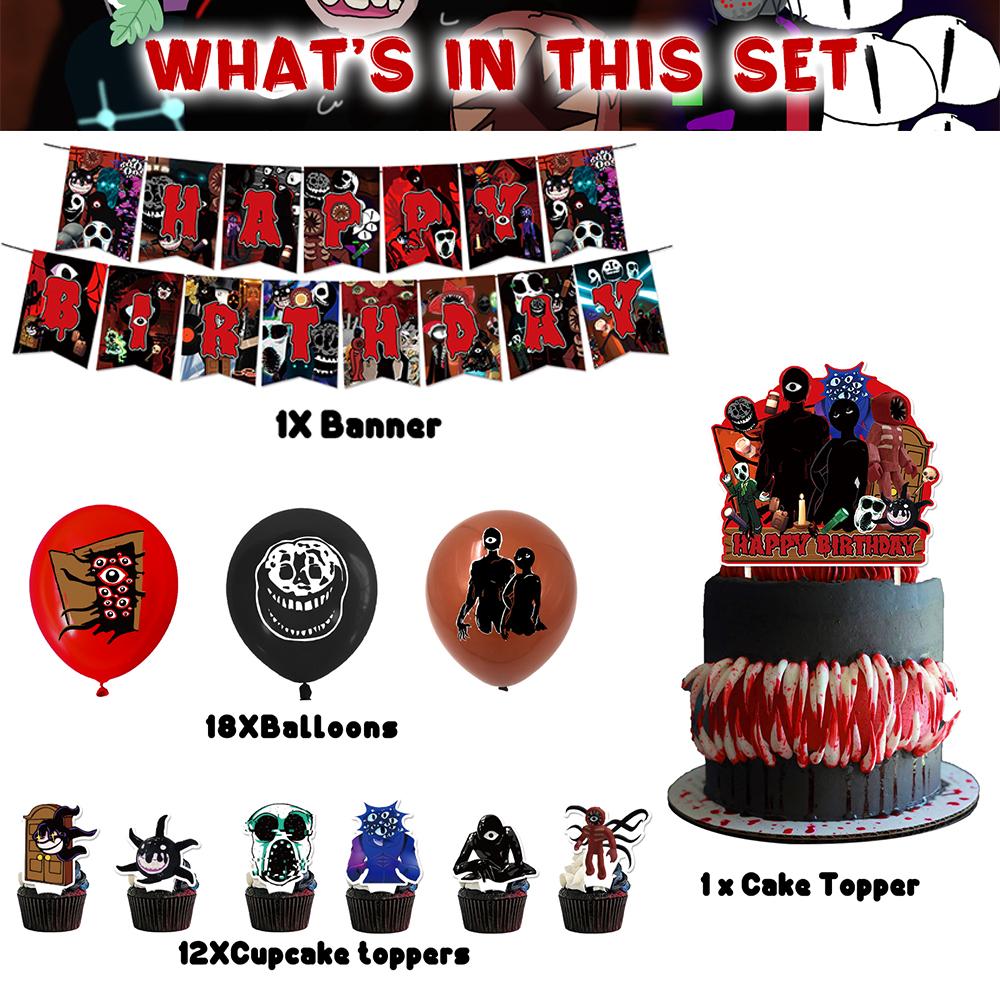 32pcs Roblox Doors Party Decorations Include Cake Topper, Banner, Balloons