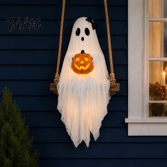 Seasonal Room Ornaments Halloween Lighted Ghost Swing with Glowing Pumpkin, Hanging Spooky Decor Unique Night Accessories for Porch Yard, LED Floating