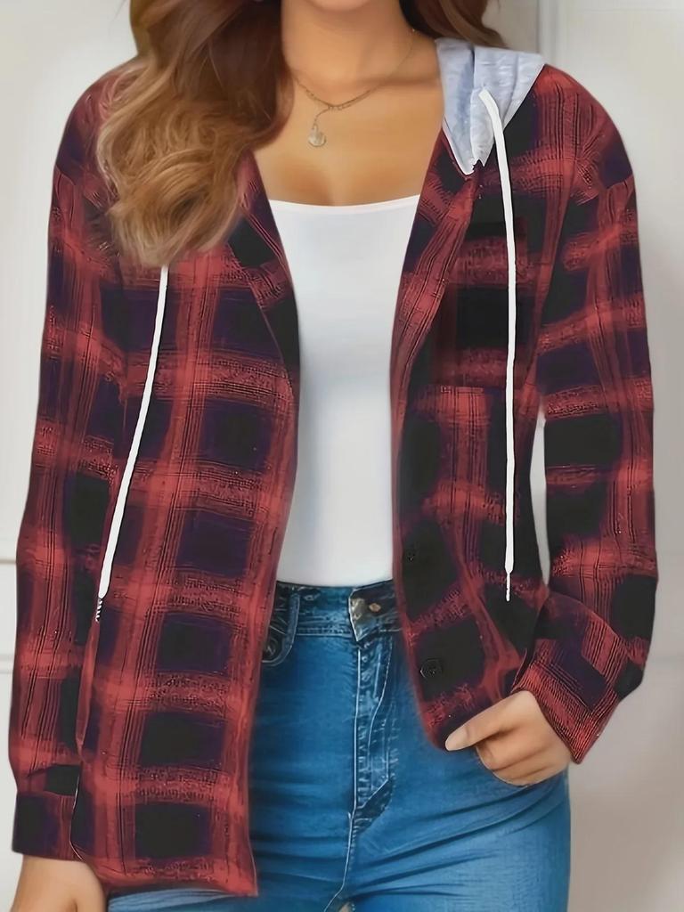 2024 Autumn/Winter Plaid Hooded Sweater Button-Up Casual Shirt for Women