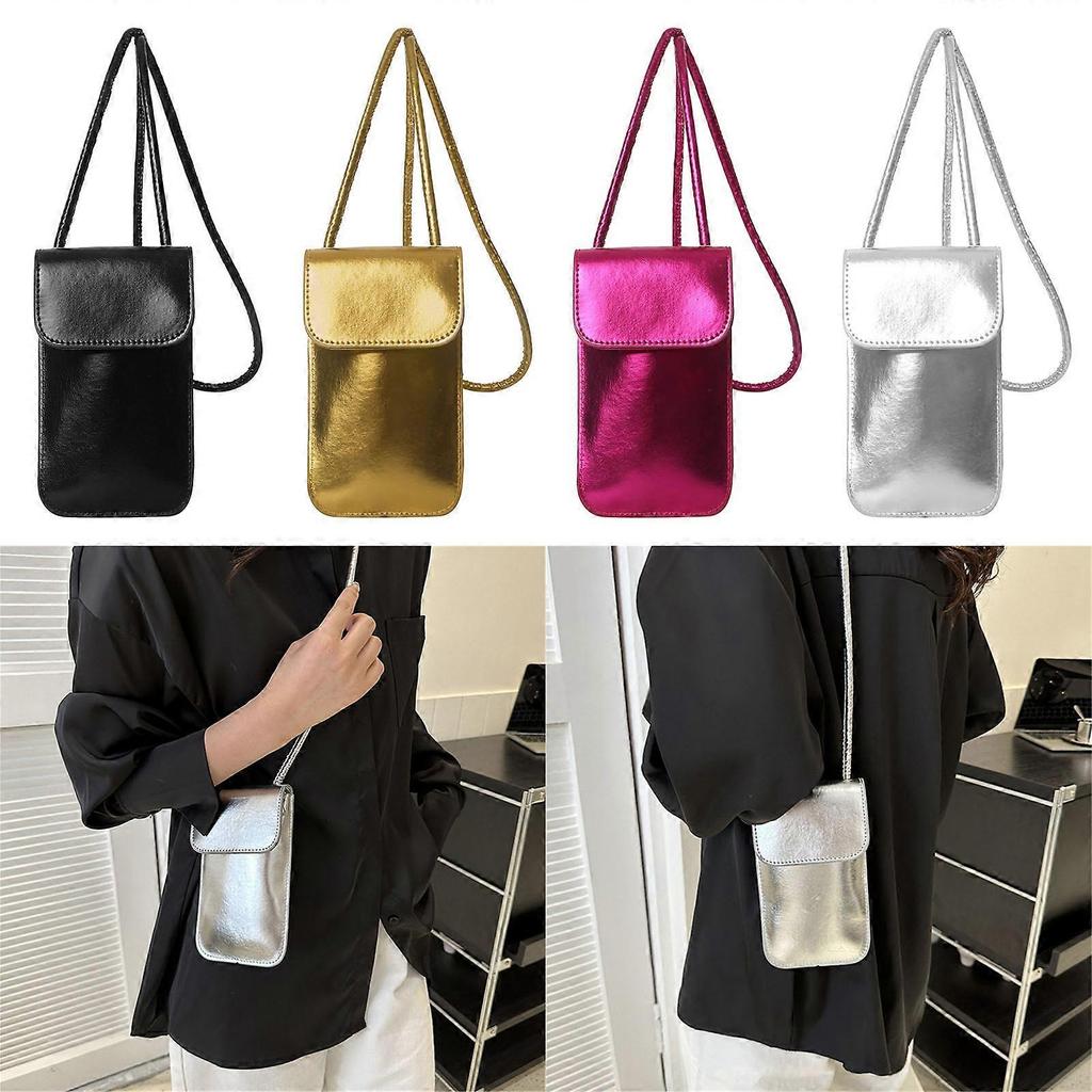 Mini Crossbody Handytasche Damen Handy Umhängetasche Geldbörse Leder Münz Handy Portemonnaie mit Schultergurt für Reisen Silber