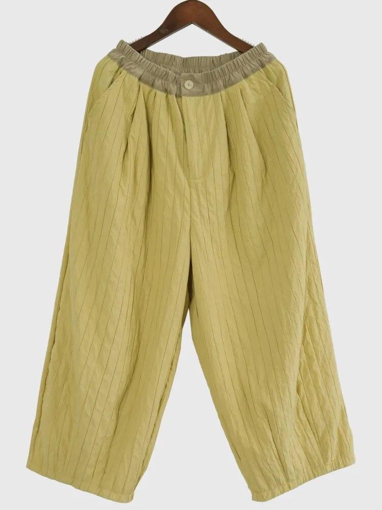 

Johnature женские винтажные полосатые широкие брюки с эластичной резинкой на талии и лоскутными карманами, осенние брюки до щиколотки L жёлтый
