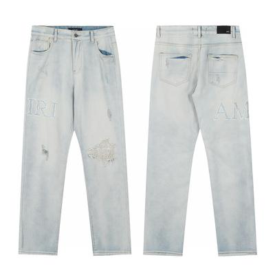 M01 Men's and Women's American Style Trendy Jeans with Fabric Patches, Holes, Embroidery, Casual and Fashionable High Street Pants