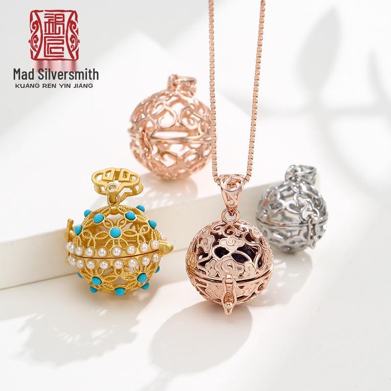 

Ancient-Style S925 Sterling Silver Auspicious Cloud Pendant Necklace with Hollow Bead Holder for Women S925 Silver