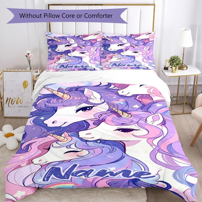 3-teiliges personalisiertes Einhorn-Bettwäscheset mit individuellem Namen, Bettbezug mit Verschluss, enthält 1 Bettbezug & 2 Kissenbezüge, weich und bequem für alle Jahreszeiten.