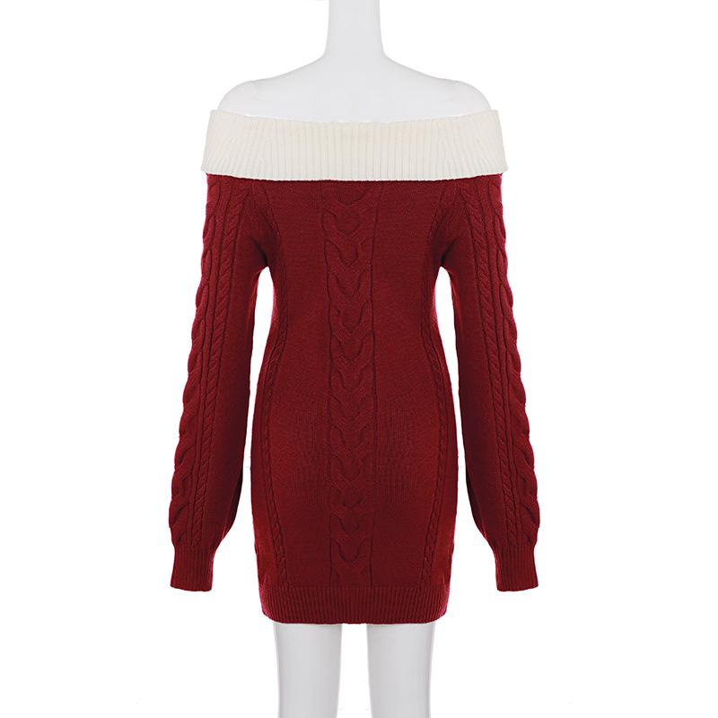 Ein schulterfreies Color-Block Bodycon Strickkleid mit Schleife, formender Taille und Vintage-Feeling
