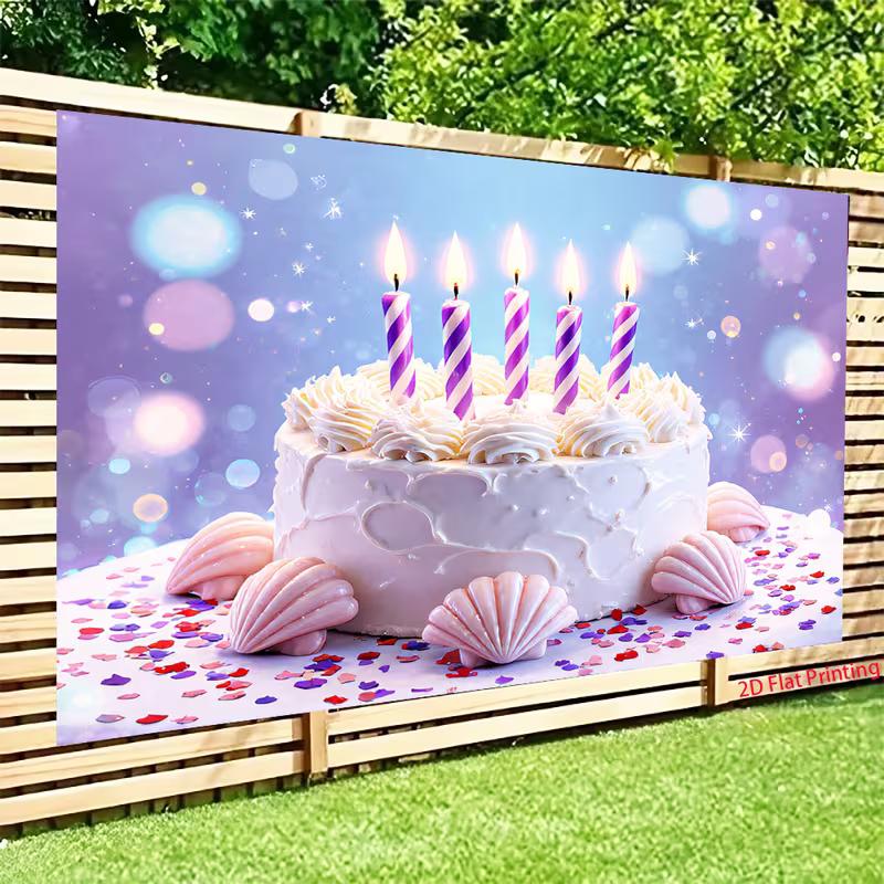 2D Sparkle Birthday Cake Backdrop Purple Blue Bokeh with Seashells for Kids Birthday Party Photo Booth