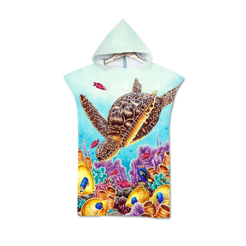 Microfiber Sea Turtle Printing Changing Robe Bath Towel Outdoor Hooded Beach Towel Poncho Women Swimming Diving Bathrobe Cloak