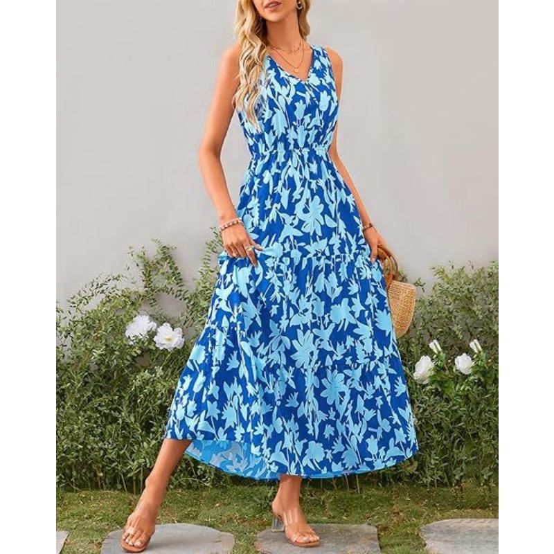 Summer Women's Dress V-Neck Elastic Waist Printed Casual Sleeveless Dresses