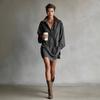 Women Suede Oversized Shirt Dress Collared Neck Casual Loose Fit Mini Dress with Contrast Details