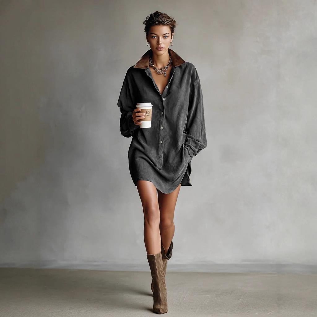 Women Suede Oversized Shirt Dress Collared Neck Casual Loose Fit Mini Dress with Contrast Details