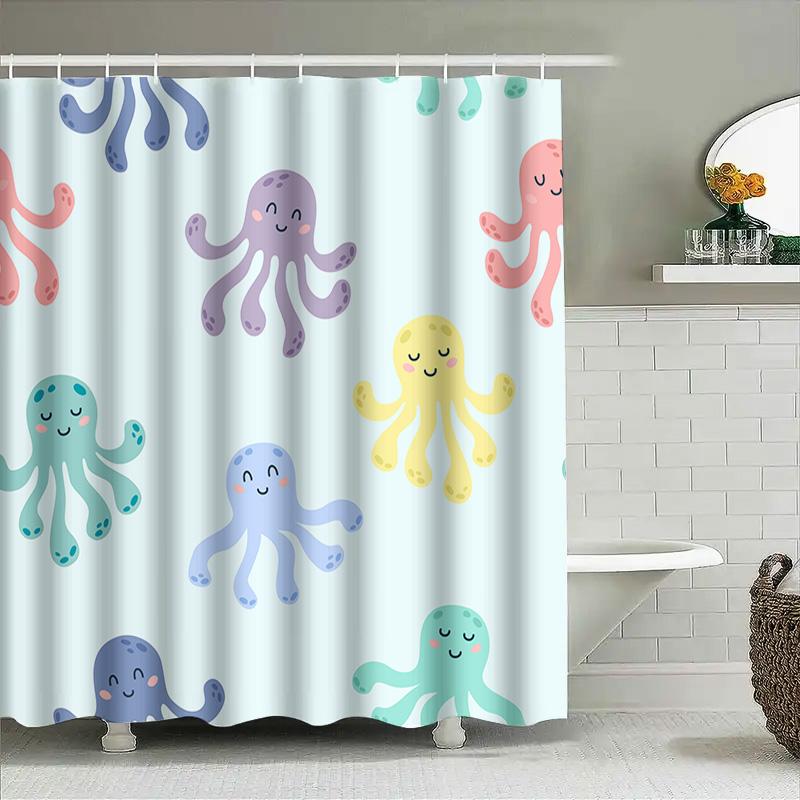 Cute Octopus Shower Curtain Happy Ocean Life Decor For Bathroom Soft Fabric With Hook Ring Set In Pastel Colors (Purple, Pink, B