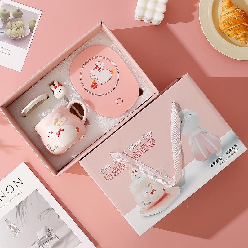 Rabbit Warm Warm Constant Temperature Cup Heating Coaster Insulated Ceramic Cup Cute Gift Water Cup Souvenir Set