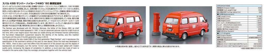Aoshima Bunka Kyozai Scale The Model Car Series SP Subaru K88 Sambar High Roof 4WD 1980 Mail Delivery Car Plastic Model 1/24