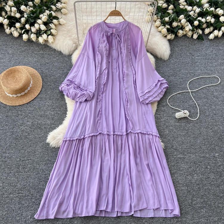 Lanterna Vintage Allacciatura Ruffle Vestito Maniche Lunghe Elegante Ampio Scollo O Moda Coreana High Street Abbigliamento Donna