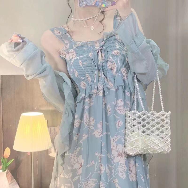 

Летнее платье из шифона с цветочным принтом на бретелях-спагетти и кардиган, комплект из двух предметов XXL (130-140 jin)